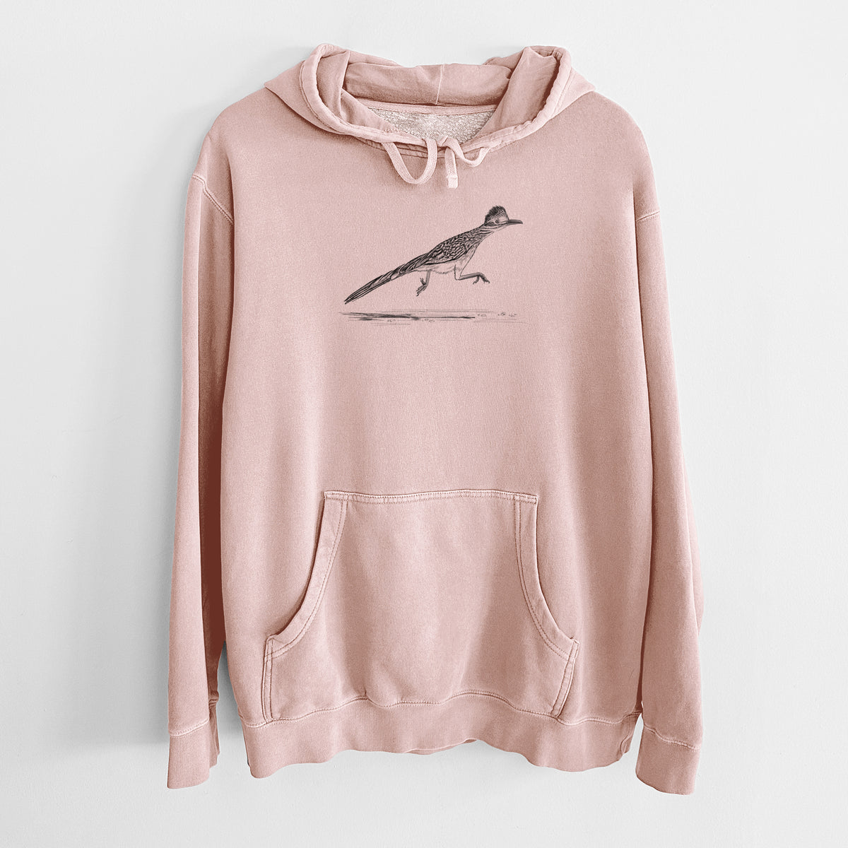 Dusty pink pigment dyed hoodie laid flat, printed with a black ink illustration of a roadrunner running.