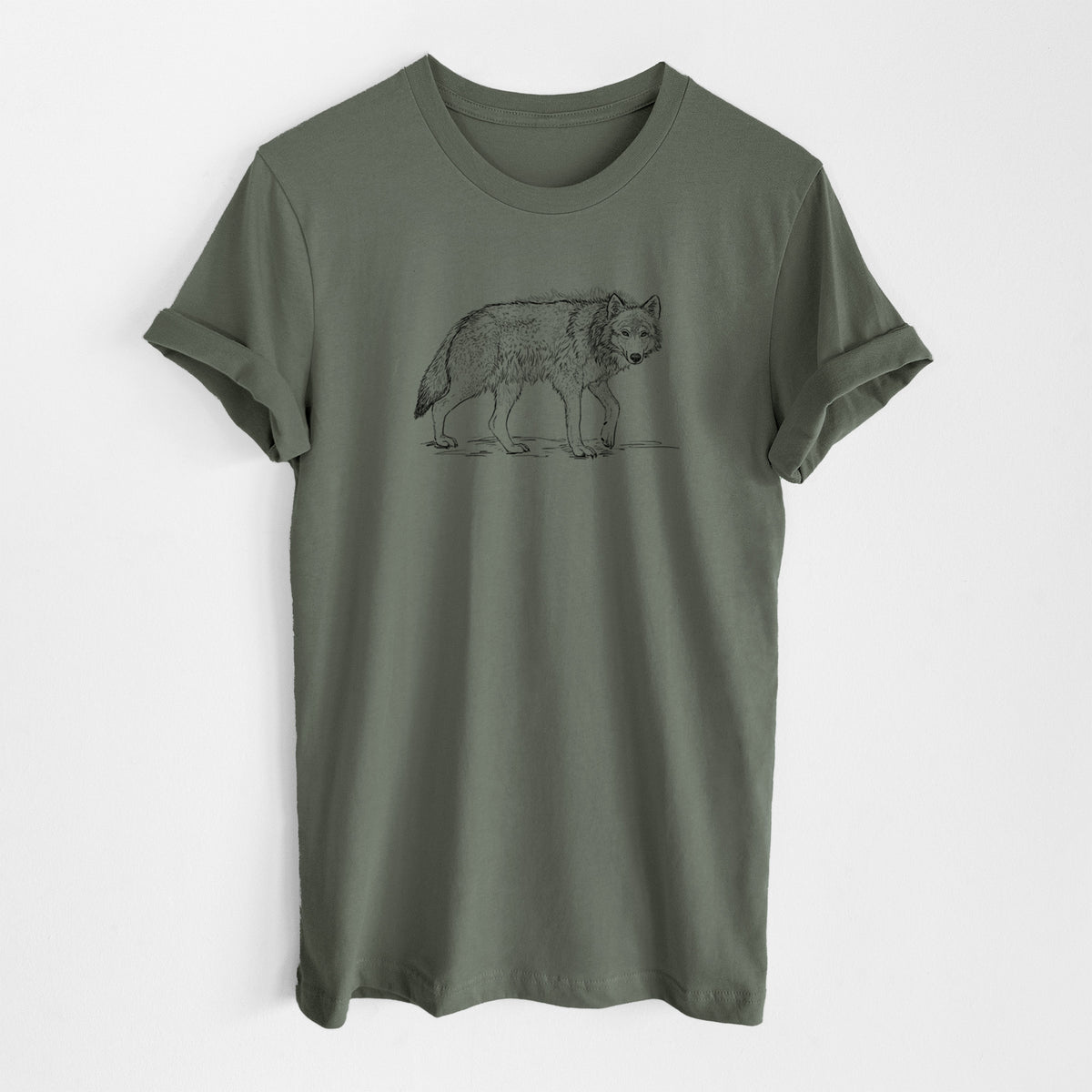 Military green lightweight cotton t-shirt laid flat, printed with a detailed black ink illustration of a grey wolf walking.