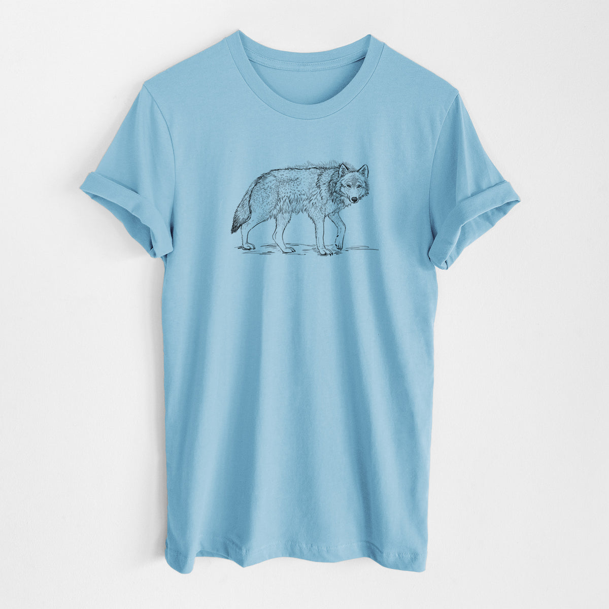 Ocean blue lightweight cotton t-shirt laid flat, printed with a detailed black ink illustration of a grey wolf walking.