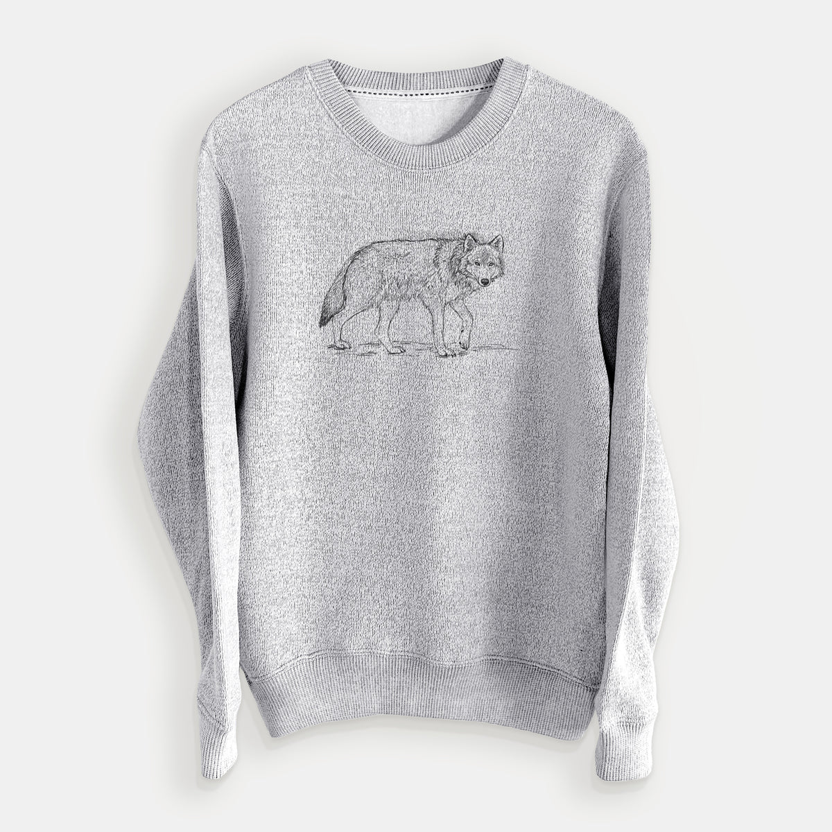 Salt and pepper knit sweatshirt laid flat, printed with a detailed black ink illustration of a grey wolf walking.