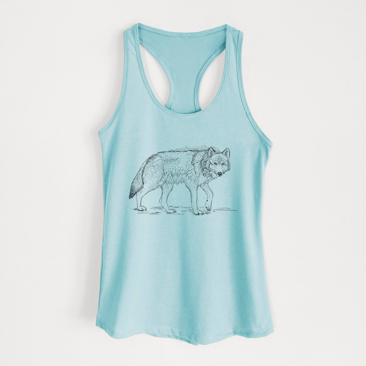 Cancun blue women's racerback tank top laid flat, printed with a detailed black ink illustration of a grey wolf walking.
