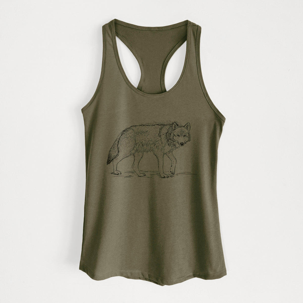 Military green women's racerback tank top laid flat, printed with a detailed black ink illustration of a grey wolf walking.