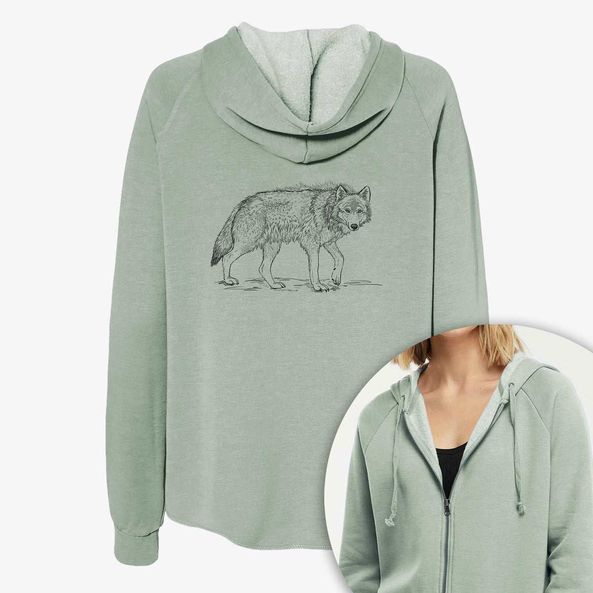 Women's Cali Wave zip-up sweatshirt printed with a detailed black ink illustration of a grey wolf walking, with a close-up of the zipper.
