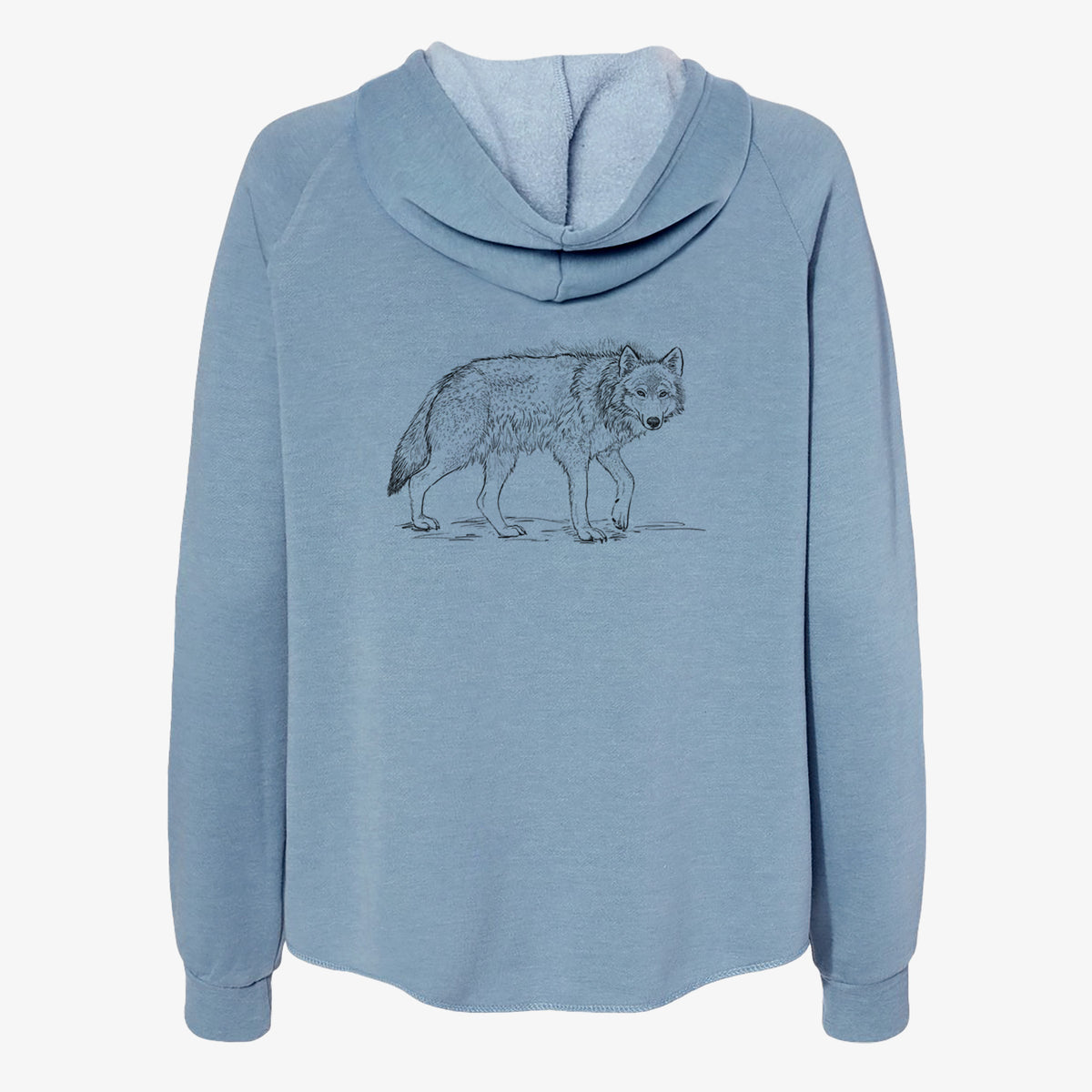 Misty blue women's Cali Wave zip-up sweatshirt laid flat, printed with a detailed black ink illustration of a grey wolf walking.
