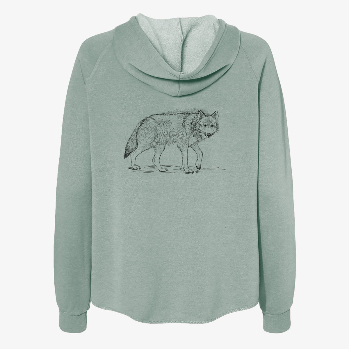 Sage green women's Cali Wave zip-up sweatshirt laid flat, printed with a detailed black ink illustration of a grey wolf walking.
