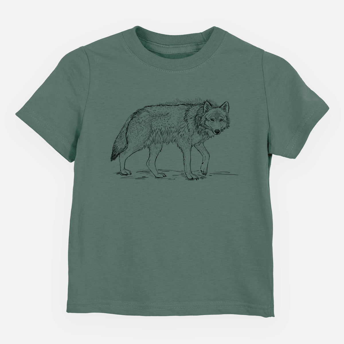 Basil green toddler t-shirt laid flat, printed with a detailed black ink illustration of a grey wolf walking.