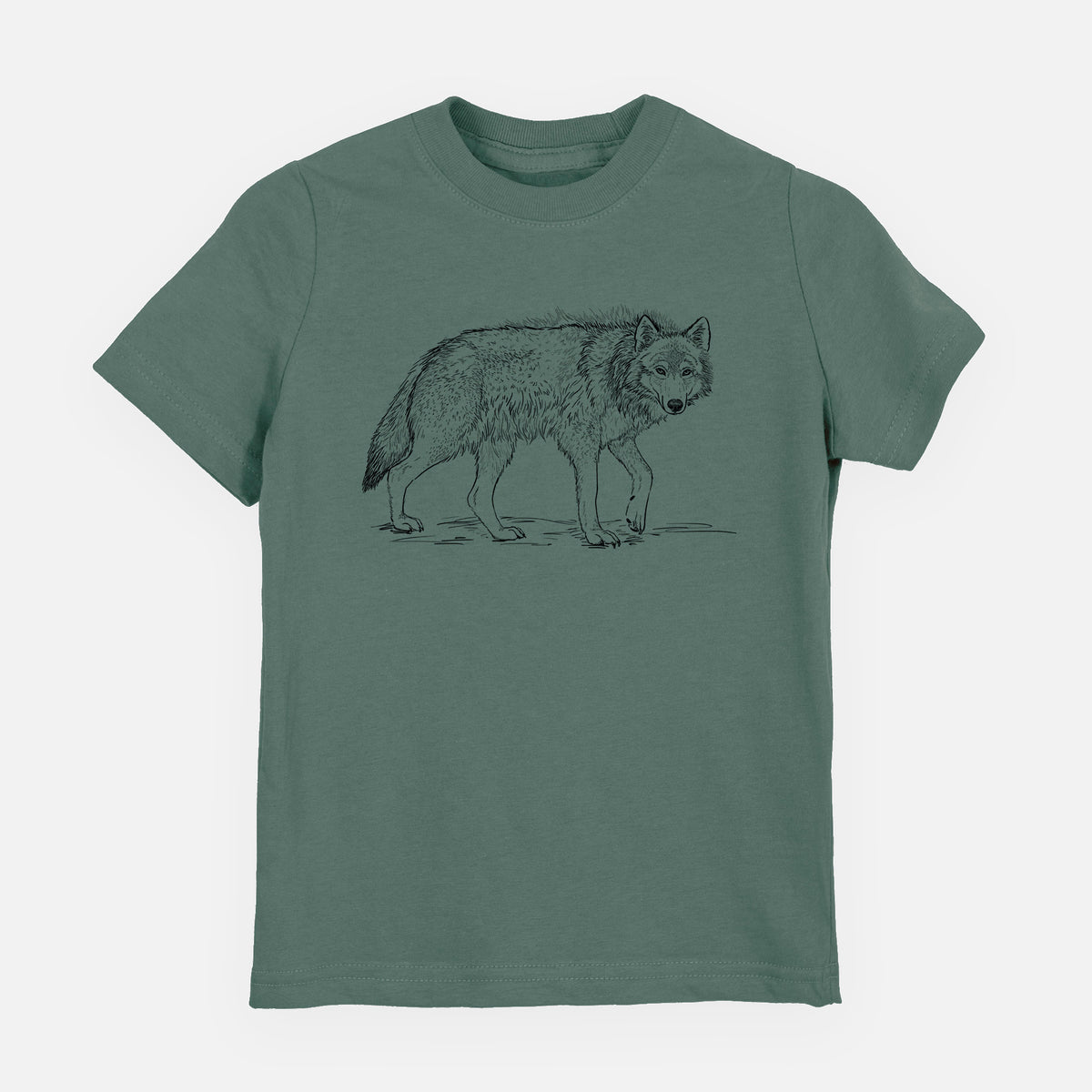 Basil green youth t-shirt laid flat, printed with a detailed black ink illustration of a grey wolf walking.