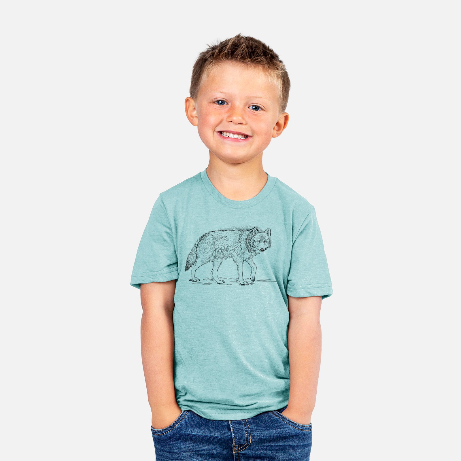 Two youth t-shirts in different colors on hangers, printed with a detailed black ink illustration of a grey wolf walking.