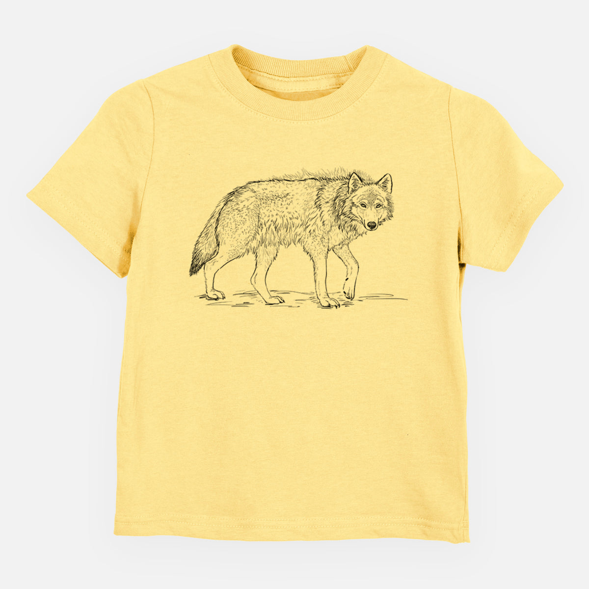 Butter yellow toddler t-shirt laid flat, printed with a detailed black ink illustration of a grey wolf walking.