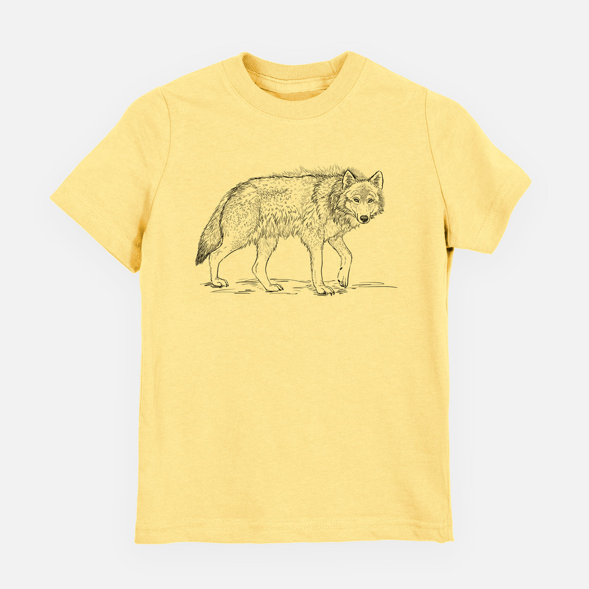 Butter yellow youth t-shirt laid flat, printed with a detailed black ink illustration of a grey wolf walking.