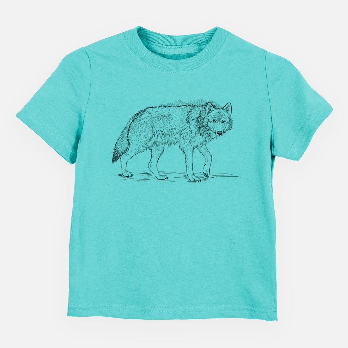 Caribbean blue toddler t-shirt laid flat, printed with a detailed black ink illustration of a grey wolf walking.
