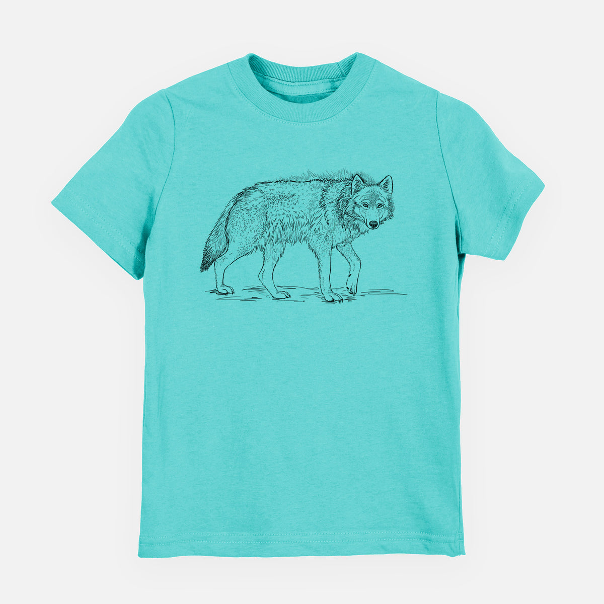 Caribbean blue youth t-shirt laid flat, printed with a detailed black ink illustration of a grey wolf walking.