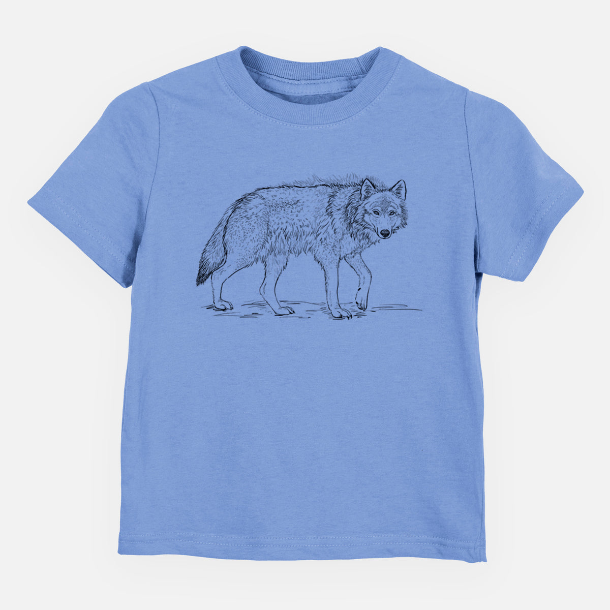 Carolina blue toddler t-shirt laid flat, printed with a detailed black ink illustration of a grey wolf walking.