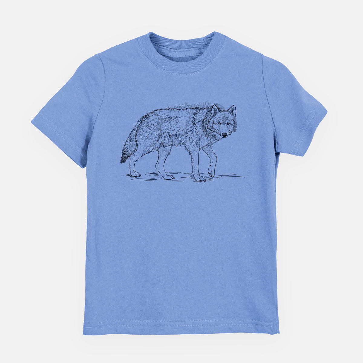 Carolina blue youth t-shirt laid flat, printed with a detailed black ink illustration of a grey wolf walking.
