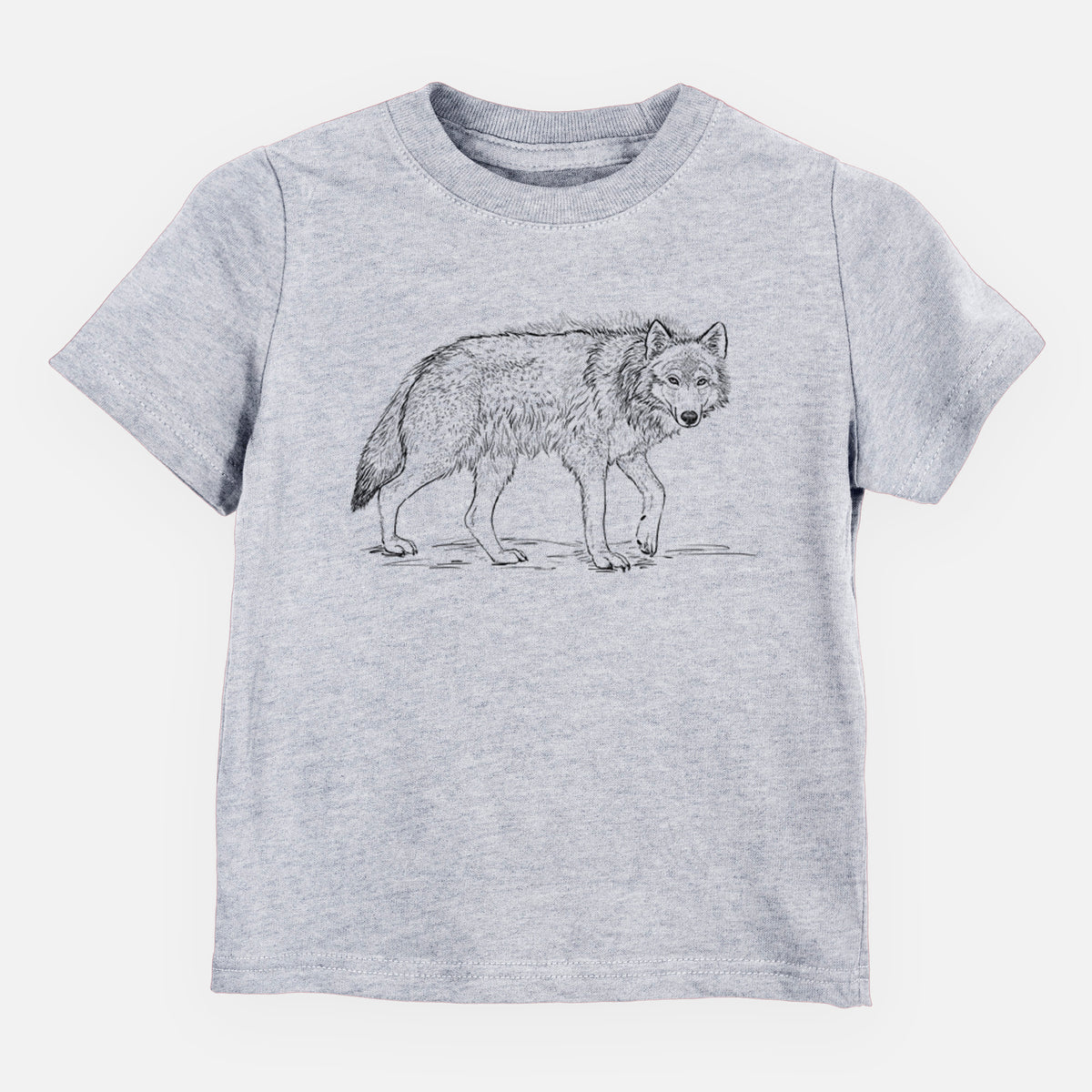 Heather grey toddler t-shirt laid flat, printed with a detailed black ink illustration of a grey wolf walking.