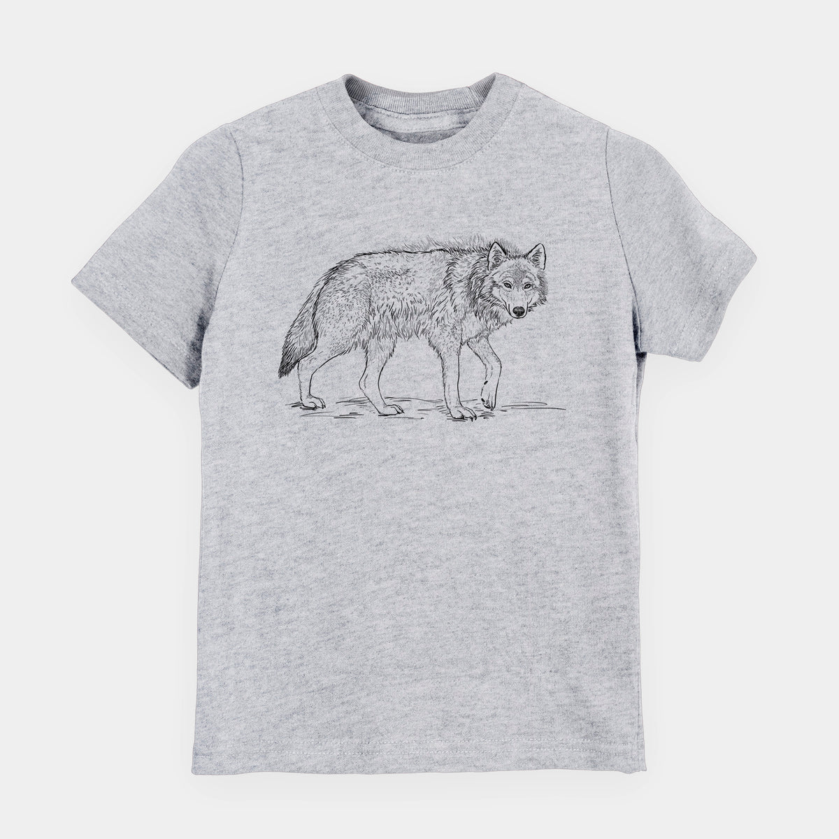 Heather grey youth t-shirt laid flat, printed with a detailed black ink illustration of a grey wolf walking.