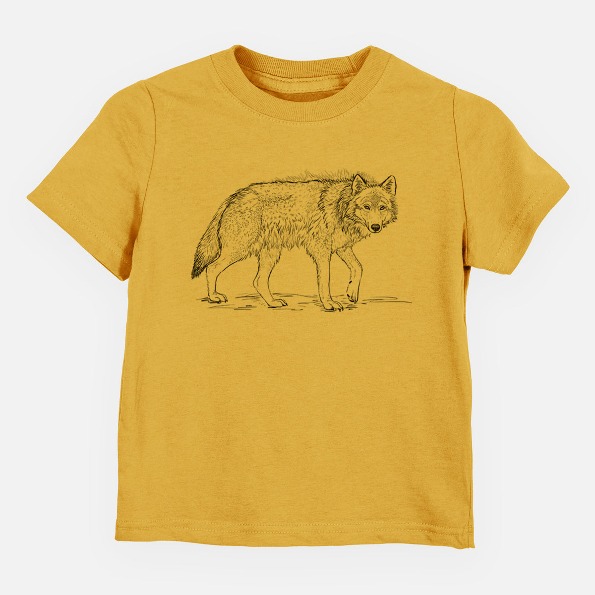 Honeycomb yellow toddler t-shirt laid flat, printed with a detailed black ink illustration of a grey wolf walking.