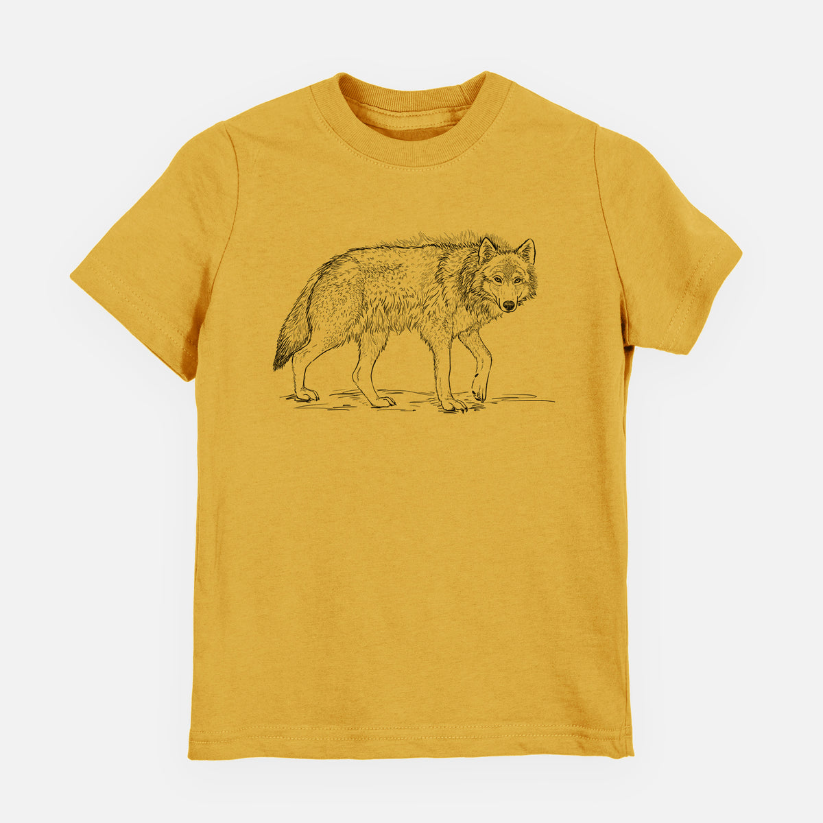 Honeycomb yellow youth t-shirt laid flat, printed with a detailed black ink illustration of a grey wolf walking.