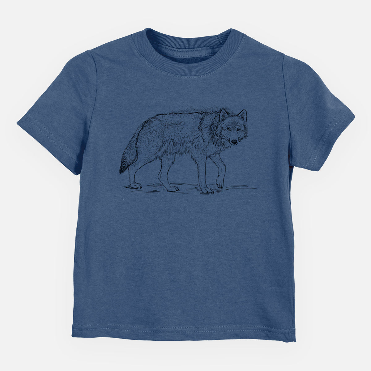 Indigo blue toddler t-shirt laid flat, printed with a detailed black ink illustration of a grey wolf walking.