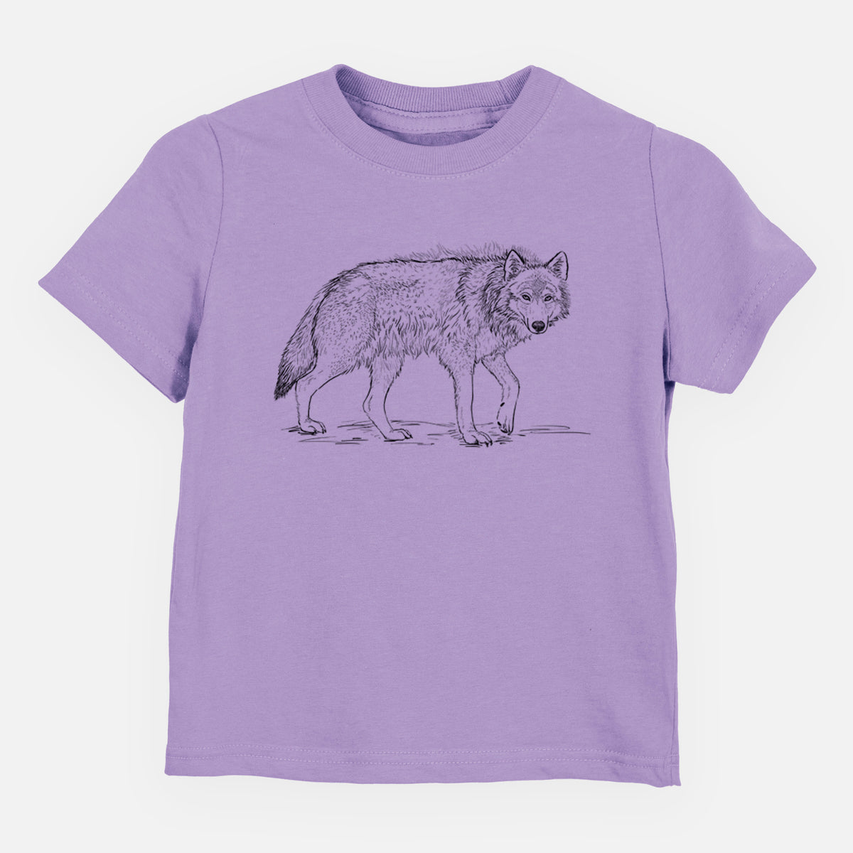Lavender toddler t-shirt laid flat, printed with a detailed black ink illustration of a grey wolf walking.