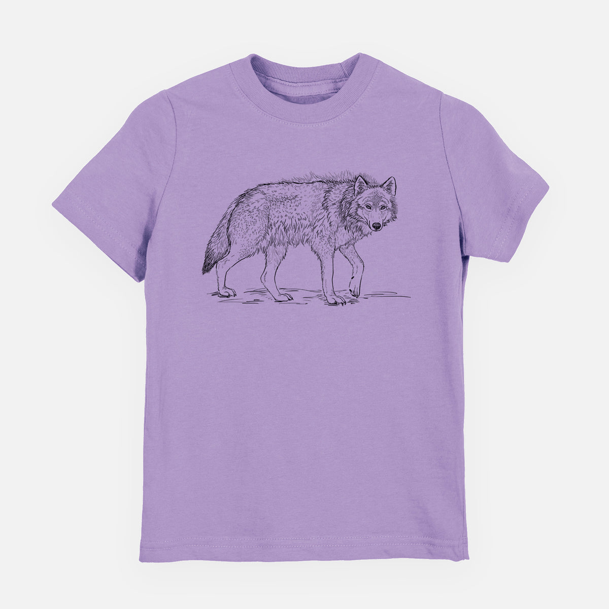Lavender youth t-shirt laid flat, printed with a detailed black ink illustration of a grey wolf walking.