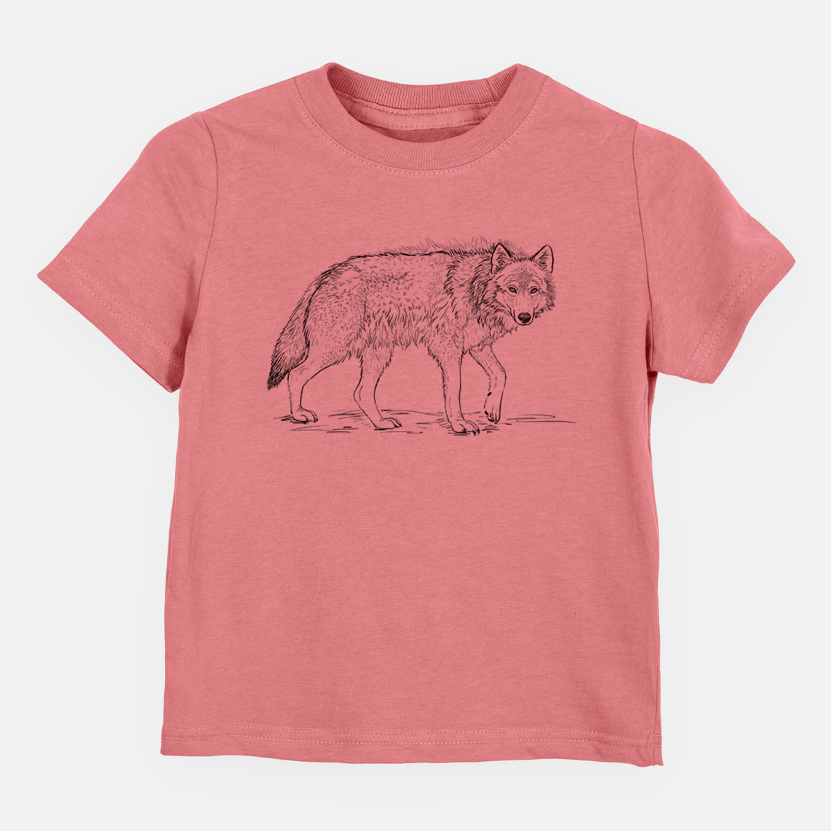 Mauve pink toddler t-shirt laid flat, printed with a detailed black ink illustration of a grey wolf walking.