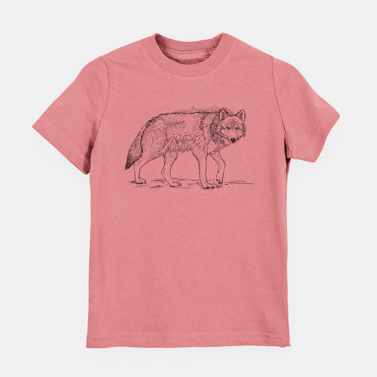 Mauve pink youth t-shirt laid flat, printed with a detailed black ink illustration of a grey wolf walking.