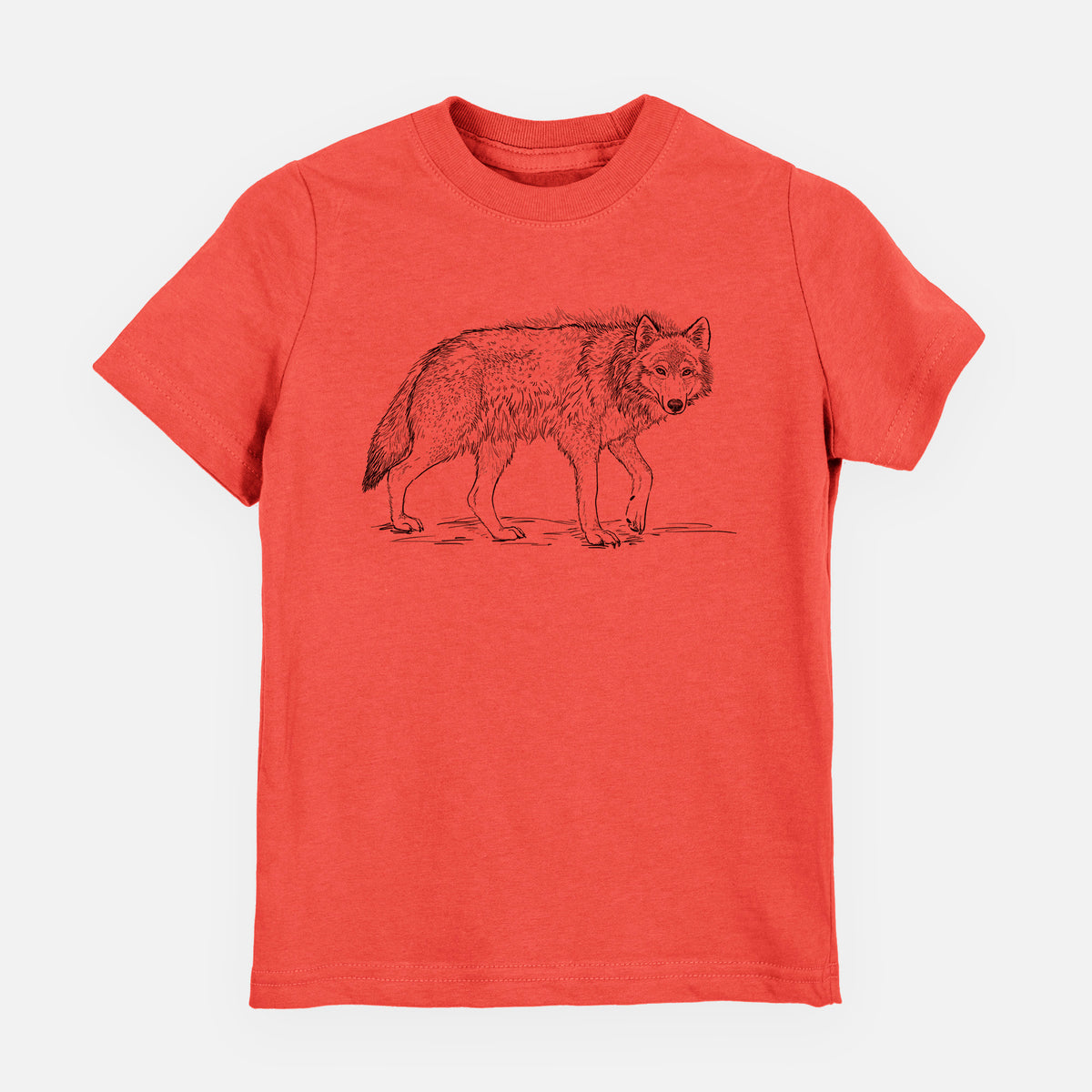 Passionfruit pink youth t-shirt laid flat, printed with a detailed black ink illustration of a grey wolf walking.