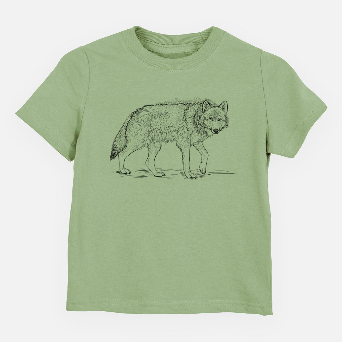 Sage green toddler t-shirt laid flat, printed with a detailed black ink illustration of a grey wolf walking.