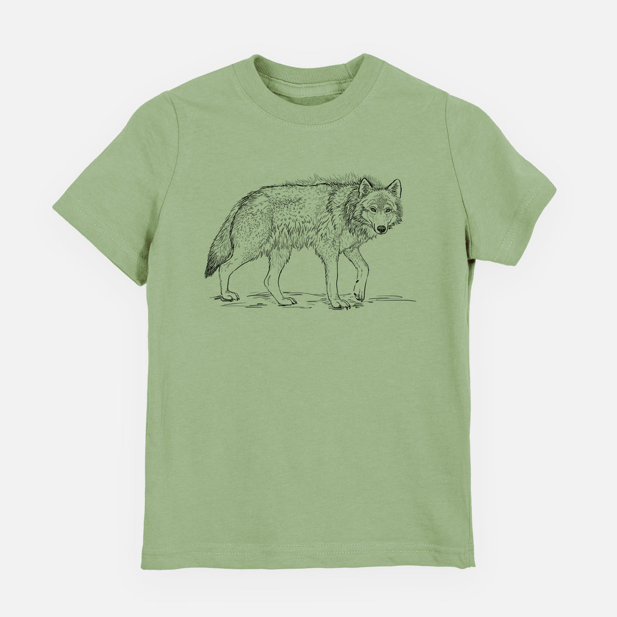 Sage green youth t-shirt laid flat, printed with a detailed black ink illustration of a grey wolf walking.