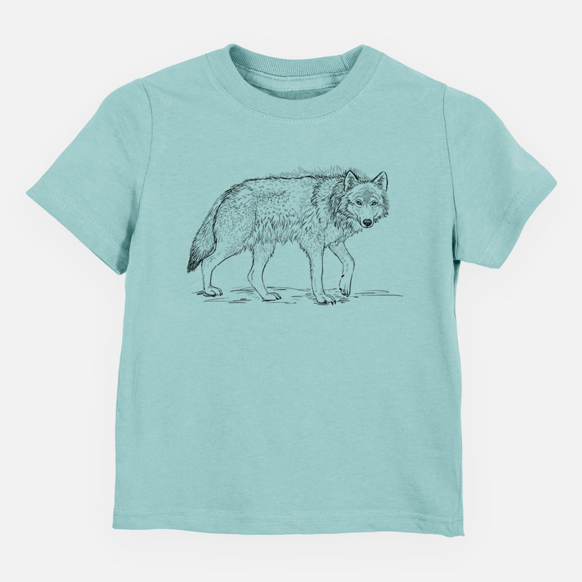 Saltwater toddler t-shirt laid flat, printed with a detailed black ink illustration of a grey wolf walking.
