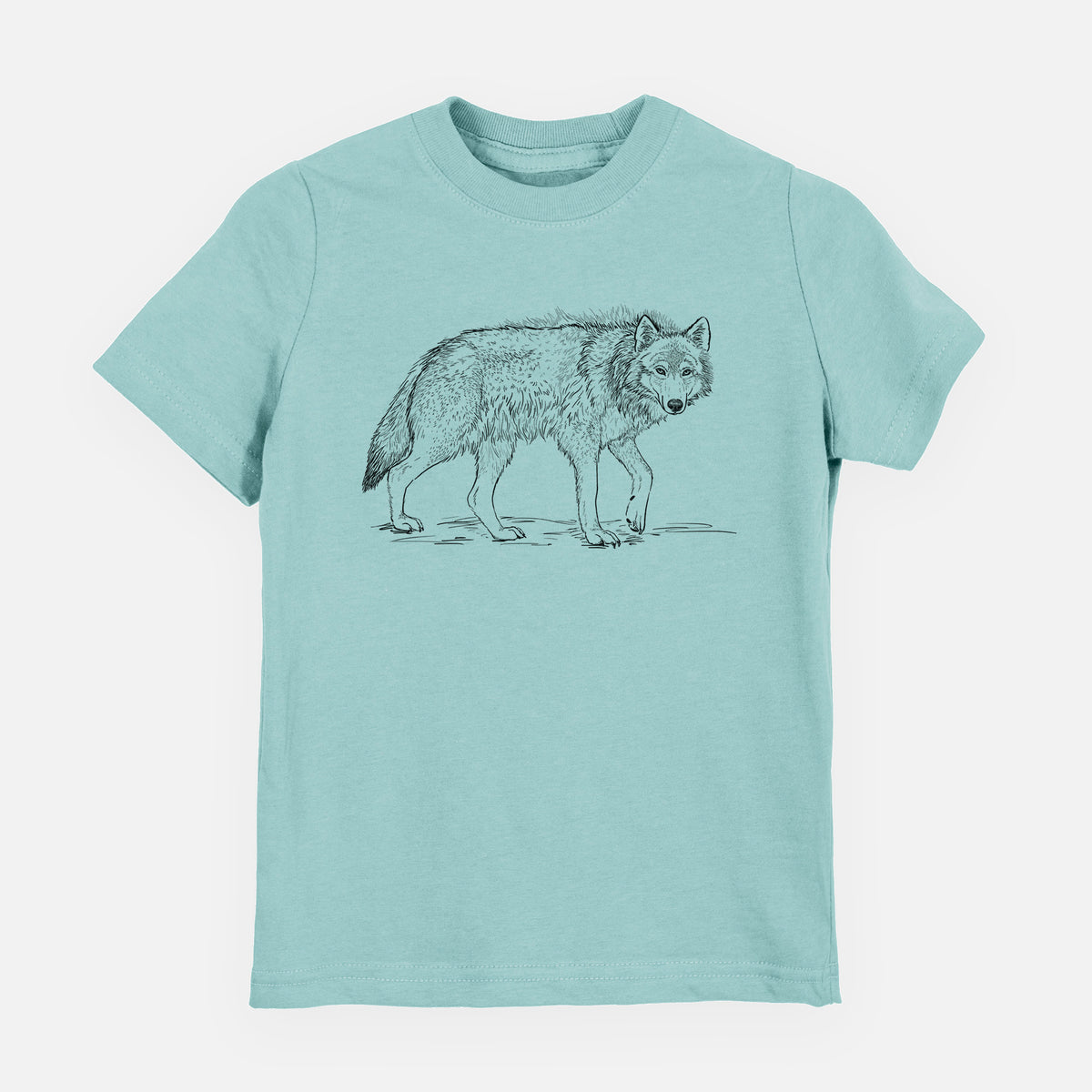Saltwater youth t-shirt laid flat, printed with a detailed black ink illustration of a grey wolf walking.