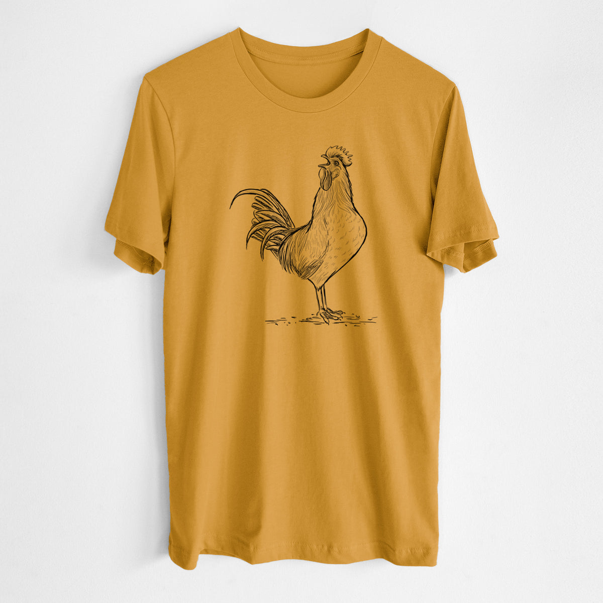 Honeycomb yellow lightweight cotton t-shirt laid flat, printed with a detailed black ink illustration of a rooster crowing.