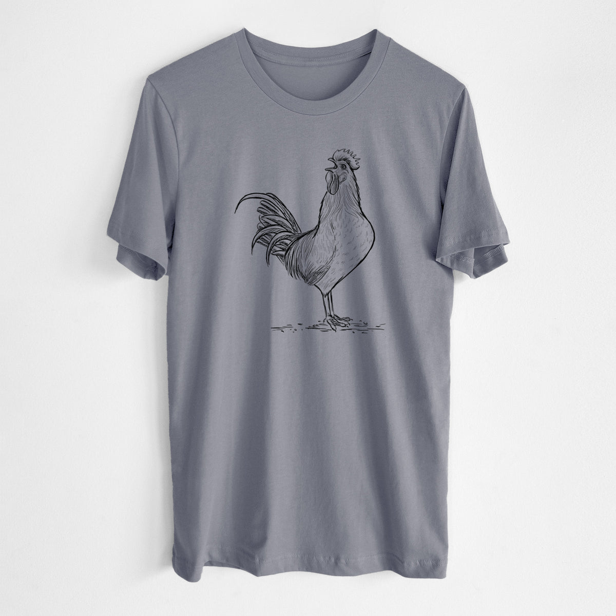Storm grey lightweight cotton t-shirt laid flat, printed with a detailed black ink illustration of a rooster crowing.