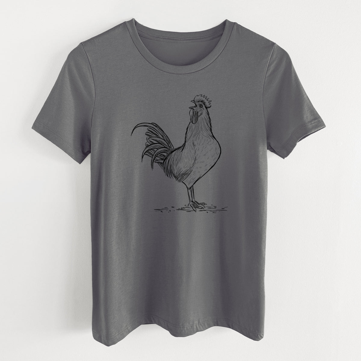 Asphalt women's relaxed fit cotton t-shirt laid flat, printed with a detailed black ink illustration of a rooster crowing.