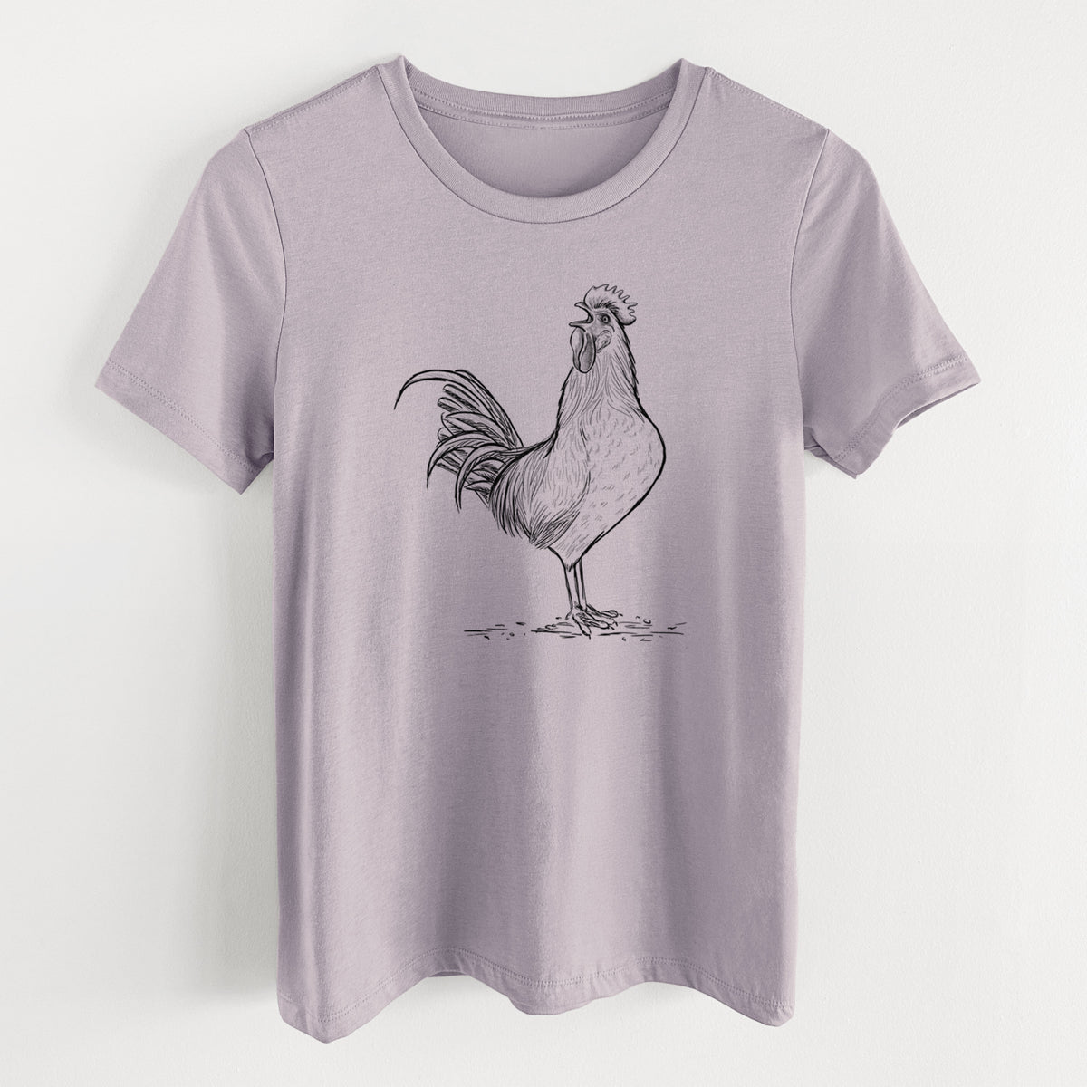 Light violet women's relaxed fit cotton t-shirt laid flat, printed with a detailed black ink illustration of a rooster crowing.