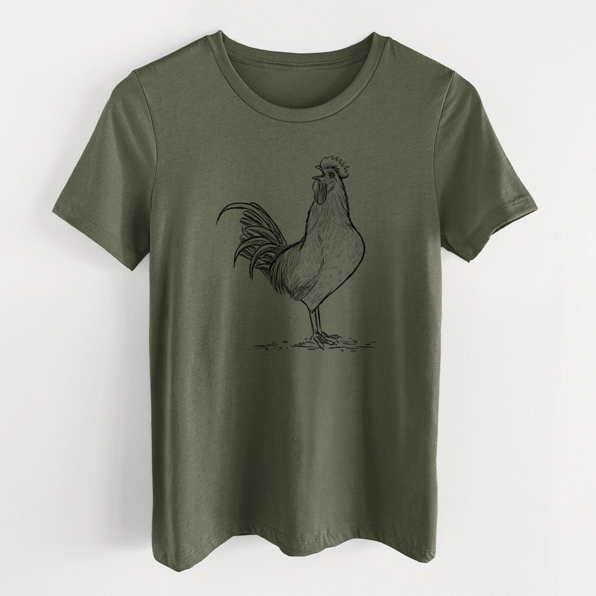 Military green women's relaxed fit cotton t-shirt laid flat, printed with a detailed black ink illustration of a rooster crowing.