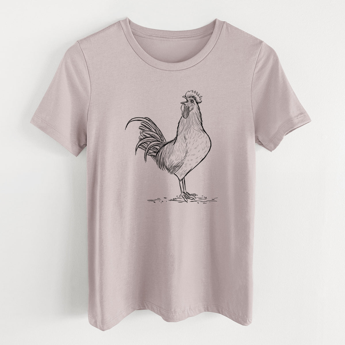 Pink gravel women's relaxed fit cotton t-shirt laid flat, printed with a detailed black ink illustration of a rooster crowing.