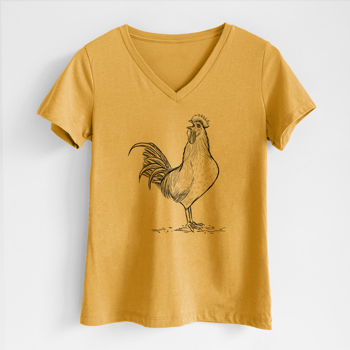 Honeycomb yellow women's relaxed fit cotton V-neck t-shirt laid flat, printed with a detailed black ink illustration of a rooster crowing.