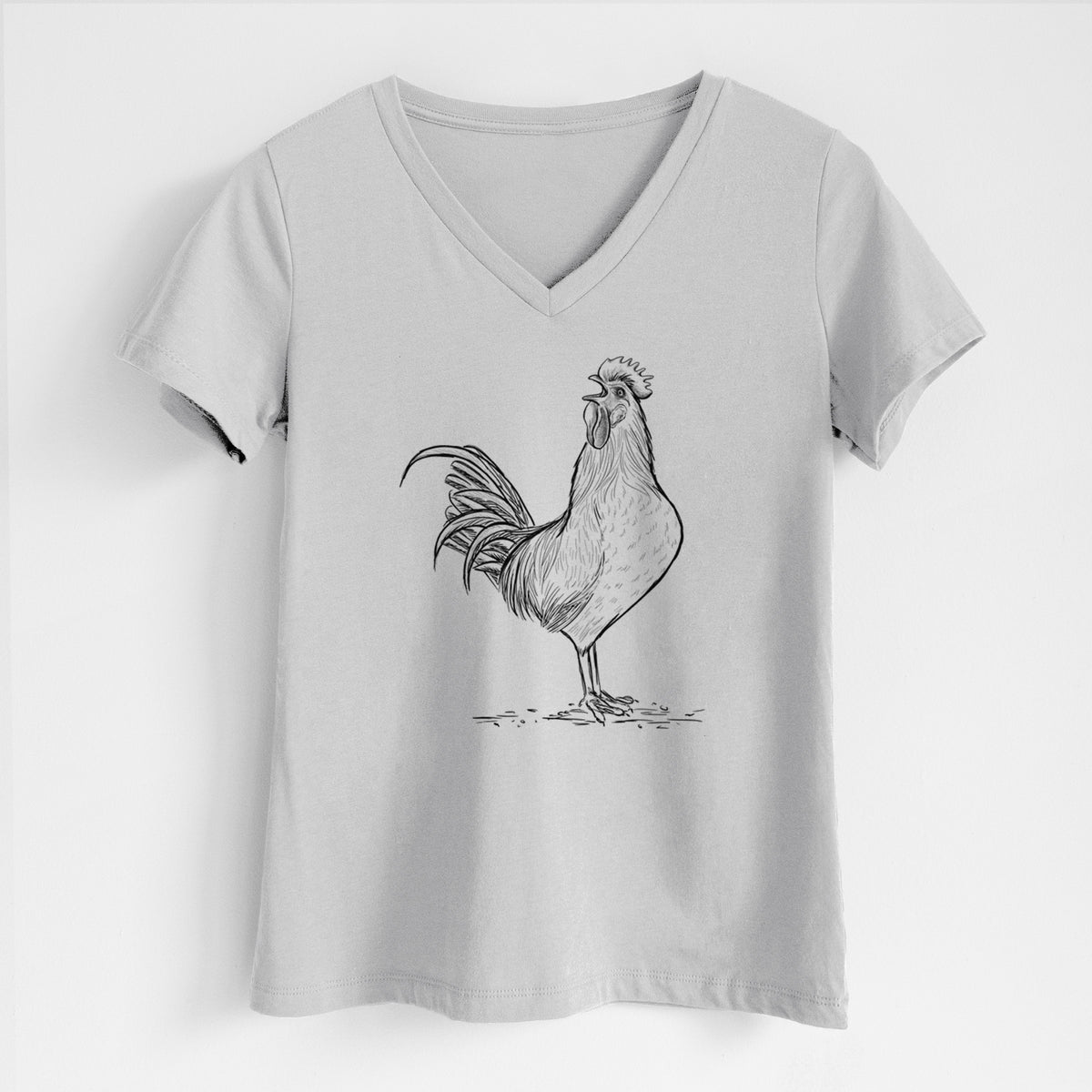 Lunar grey women's relaxed fit cotton V-neck t-shirt laid flat, printed with a detailed black ink illustration of a rooster crowing.