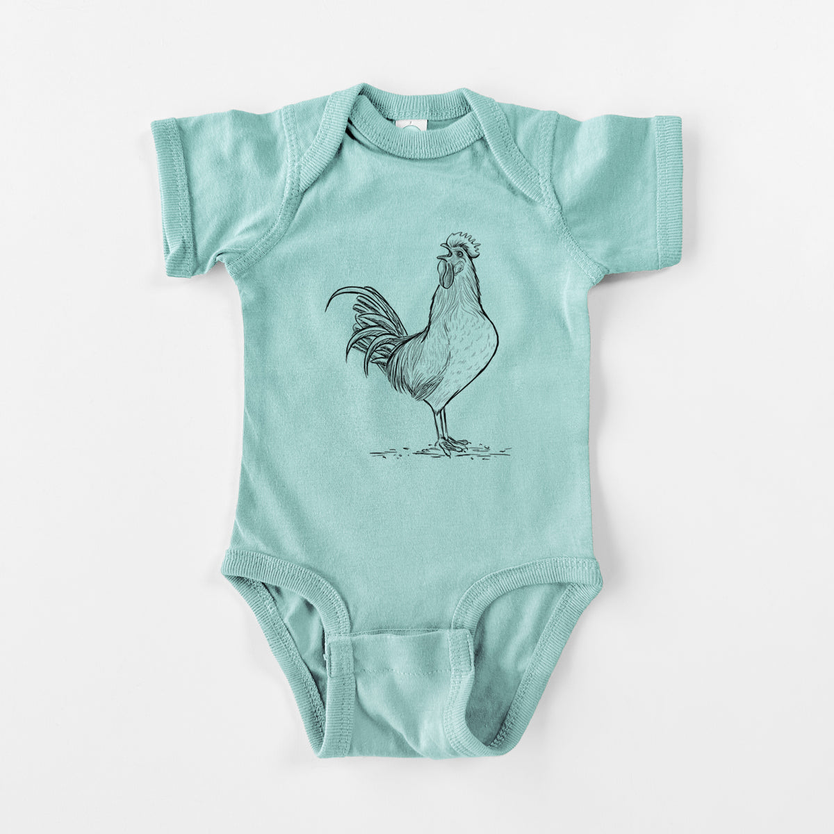 Saltwater baby bodysuit laid flat, printed with a detailed black ink illustration of a rooster crowing.