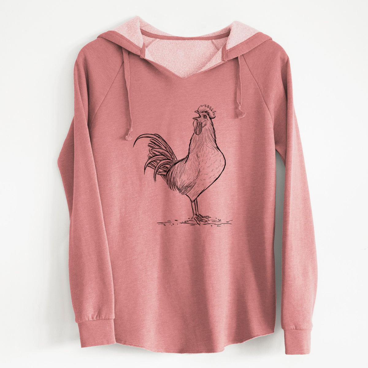 Dusty rose women's Cali Wave hooded sweatshirt laid flat, printed with a detailed black ink illustration of a rooster crowing.