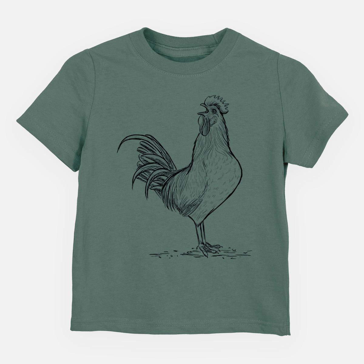 Basil green toddler t-shirt laid flat, printed with a detailed black ink illustration of a rooster crowing.