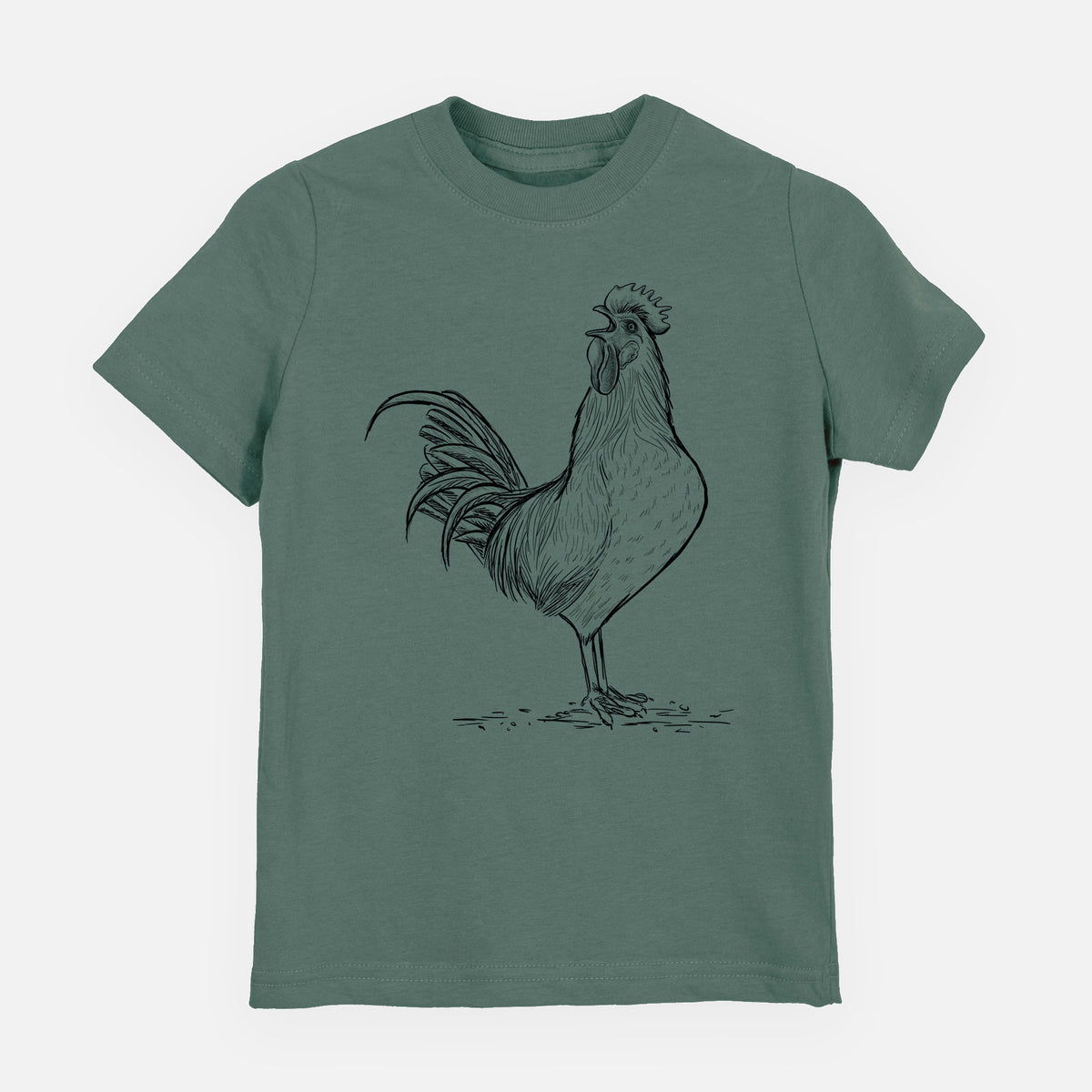 Basil green youth t-shirt laid flat, printed with a detailed black ink illustration of a rooster crowing.