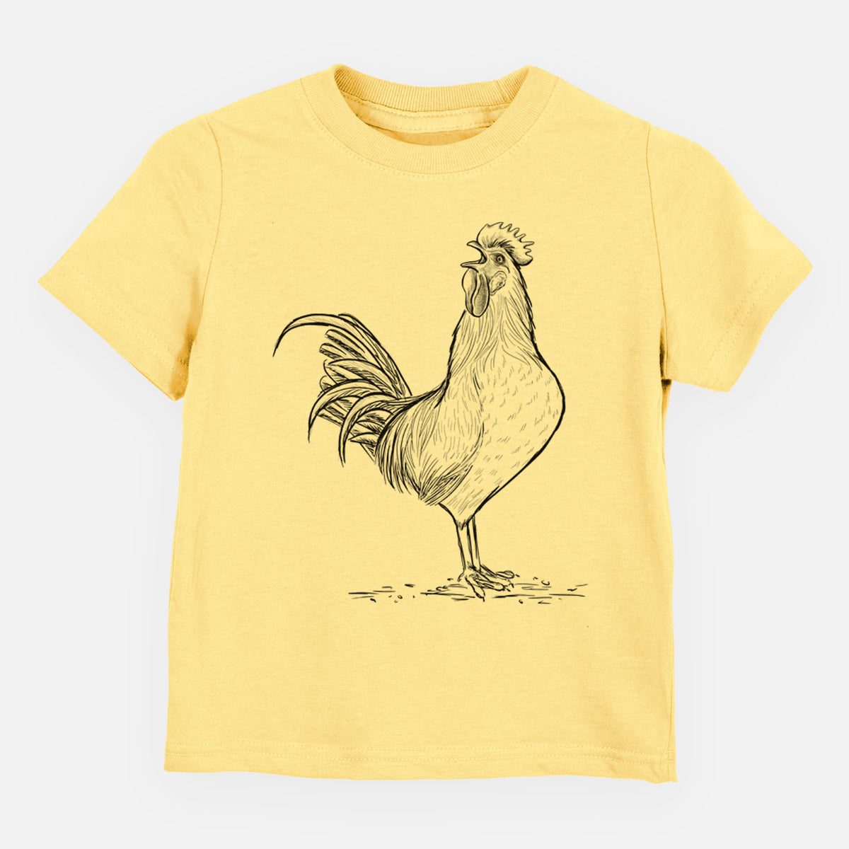Butter yellow toddler t-shirt laid flat, printed with a detailed black ink illustration of a rooster crowing.