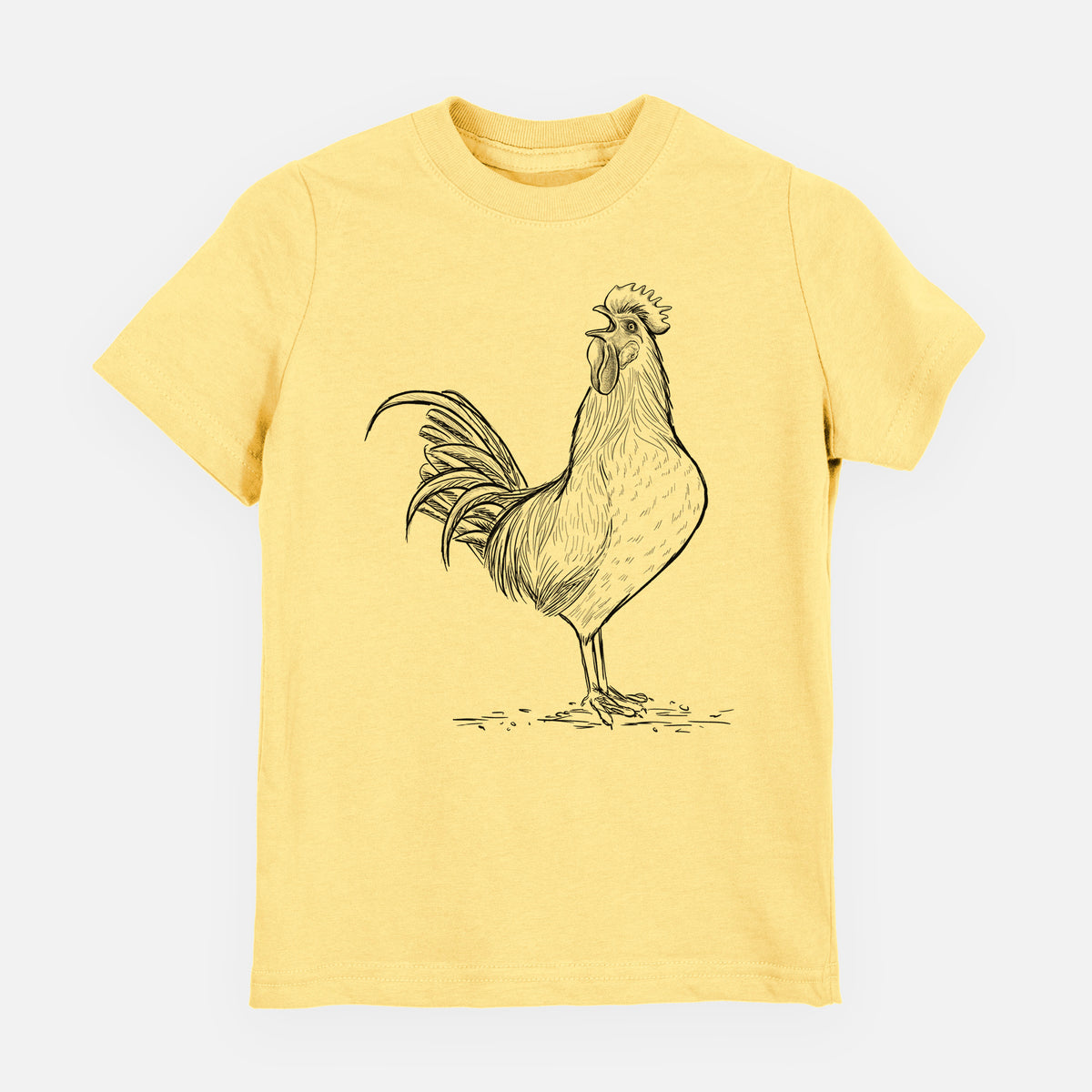 Butter yellow youth t-shirt laid flat, printed with a detailed black ink illustration of a rooster crowing.