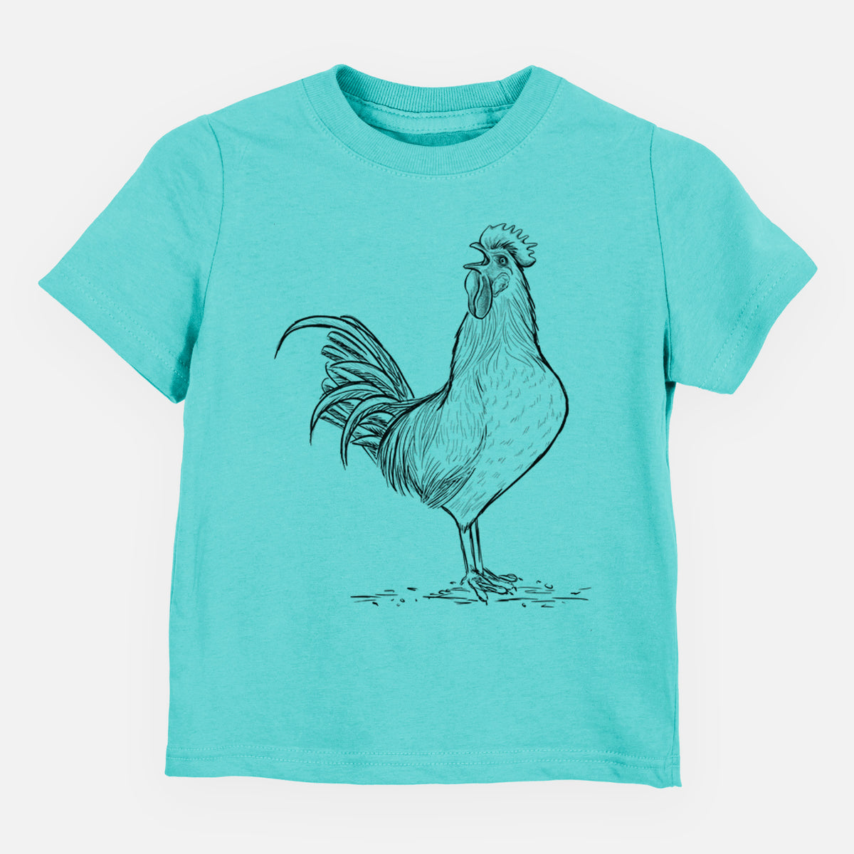 Caribbean blue toddler t-shirt laid flat, printed with a detailed black ink illustration of a rooster crowing.