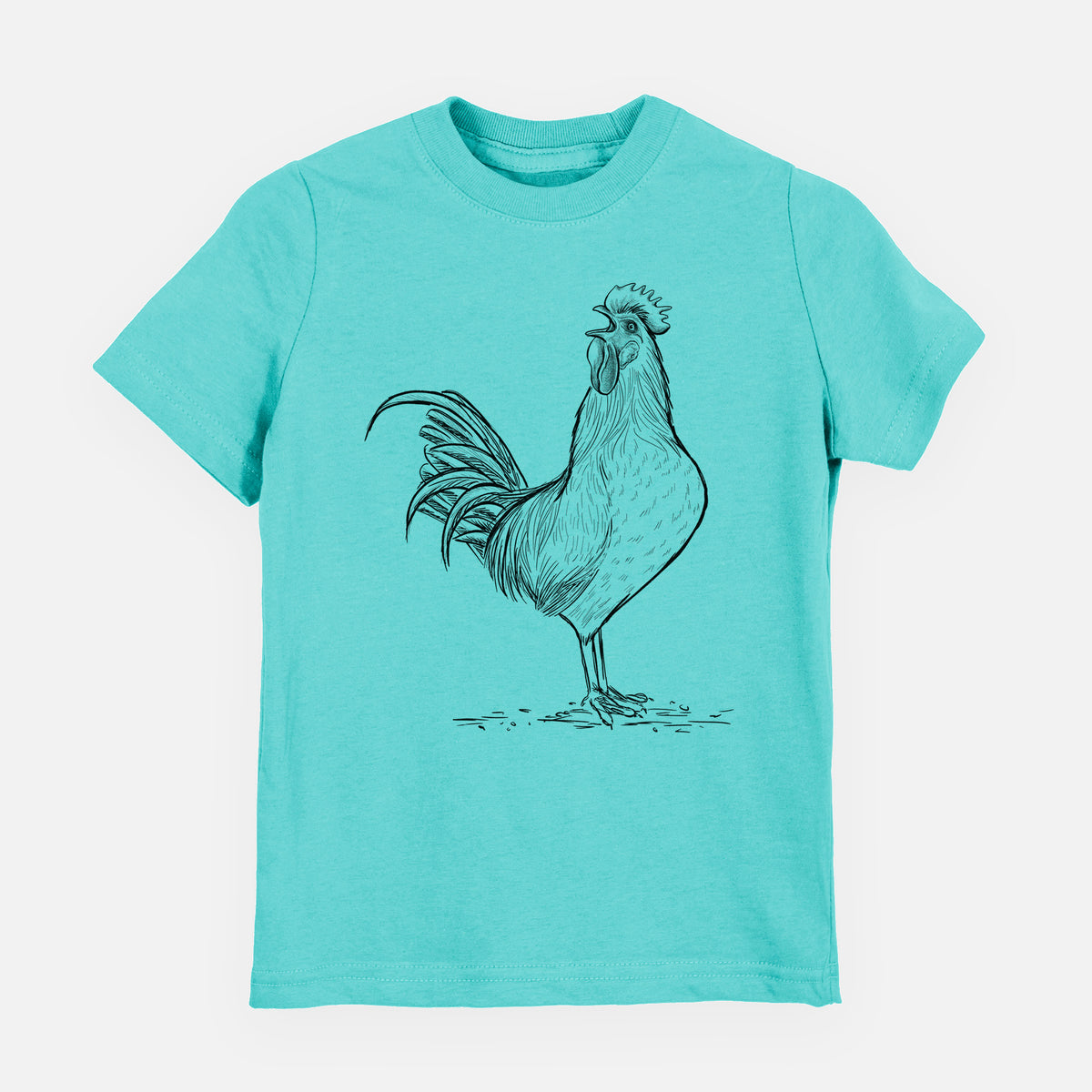 Caribbean blue youth t-shirt laid flat, printed with a detailed black ink illustration of a rooster crowing.