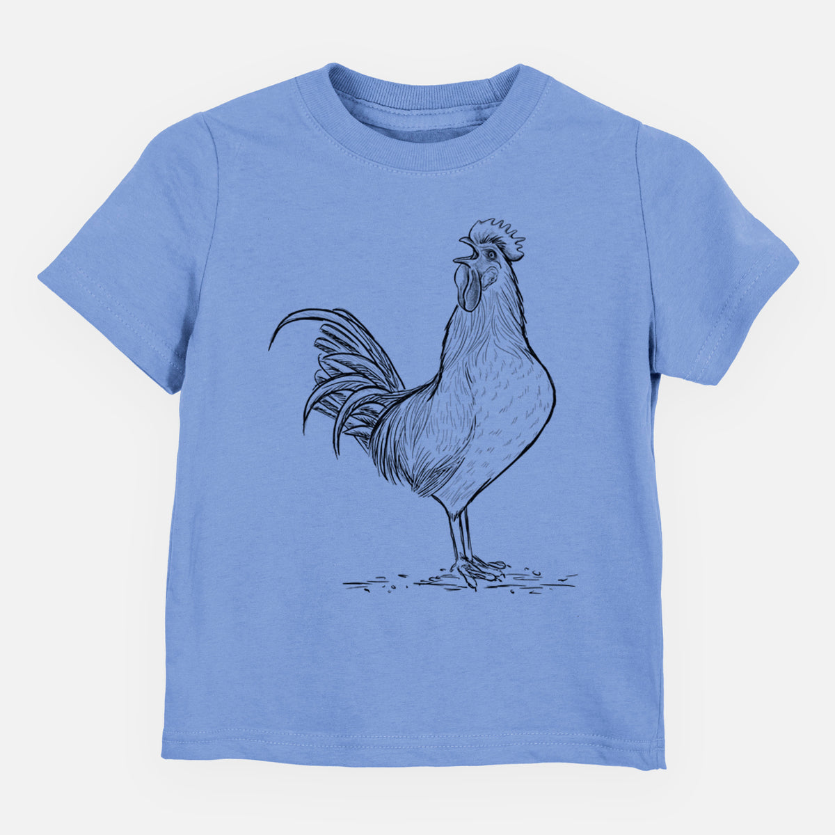 Carolina blue toddler t-shirt laid flat, printed with a detailed black ink illustration of a rooster crowing.