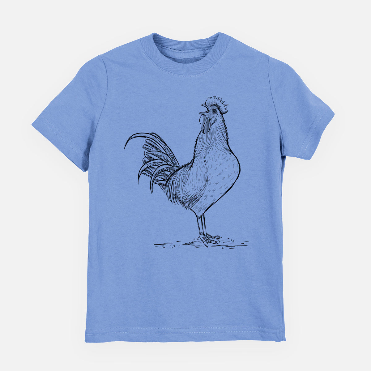 Carolina blue youth t-shirt laid flat, printed with a detailed black ink illustration of a rooster crowing.